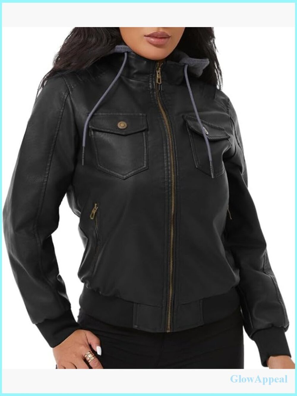 Faux Leather Bomber Jacket Waterproof Slim Fit Fleece Lined Removable Hood